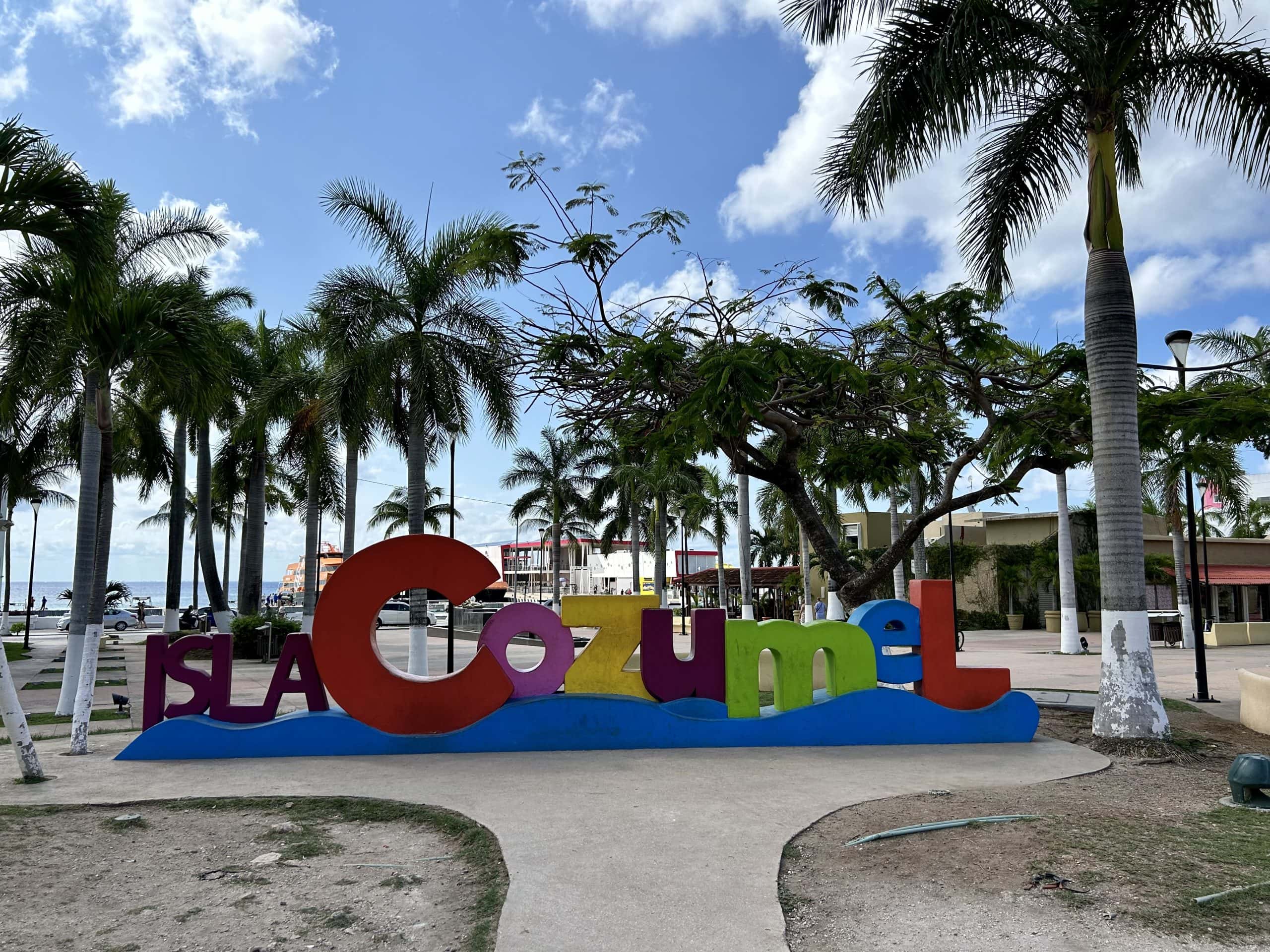 Scuba-Diving-Cozumel Colourful Cozumel sign located in the middle of San Miguel's main square.