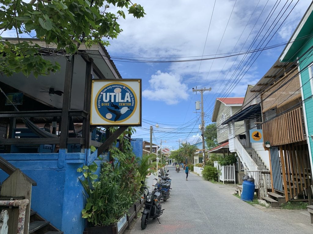 The main road in Utila, Honduras.