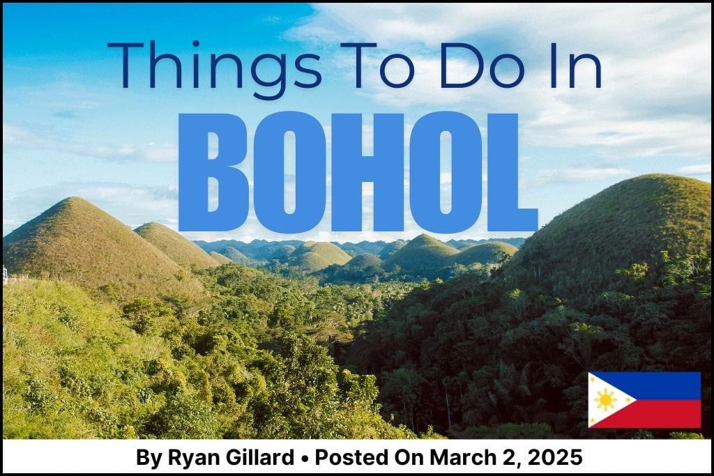 Bohol travel guide cover image featuring top tourist attractions like Chocolate Hills, Alona Beach, and Balicasag Island.