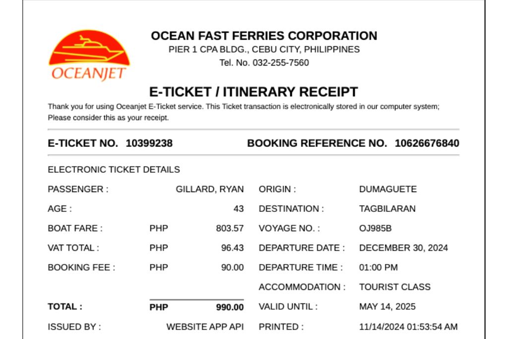 An OceanJet ferry receipt from Dumaguete to Bohol.