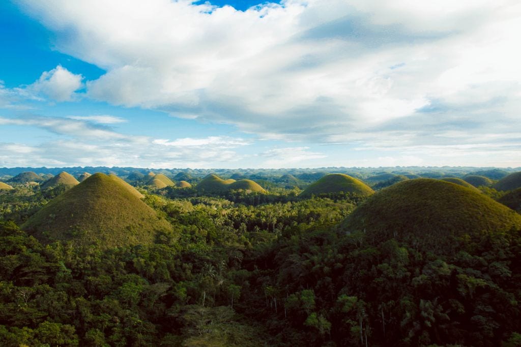 An aerial view of the world famous Chocolate Hills in Bohol, Philippines.