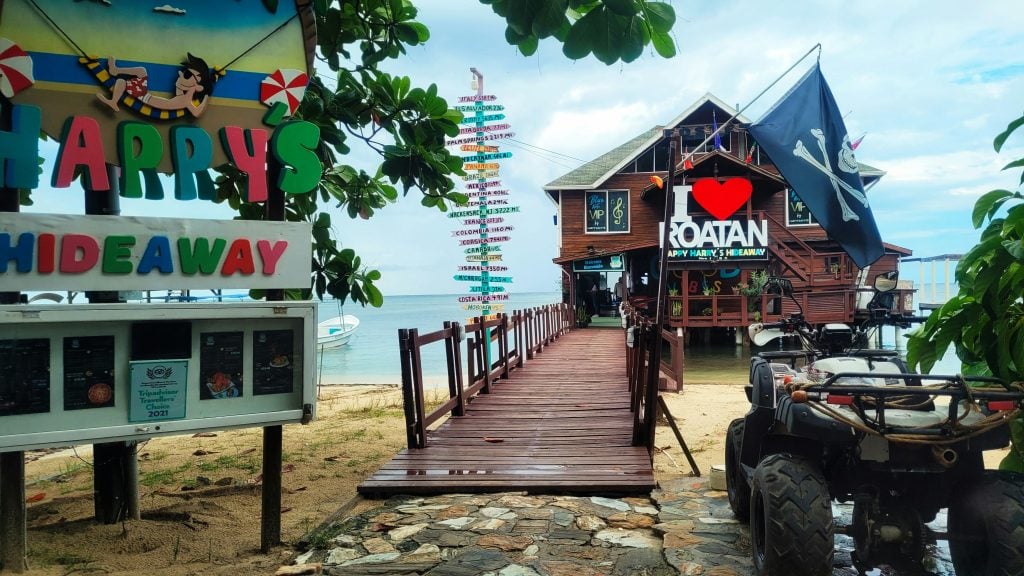 Popular restaurants line the beach and waterfront of the West End of Roatan.