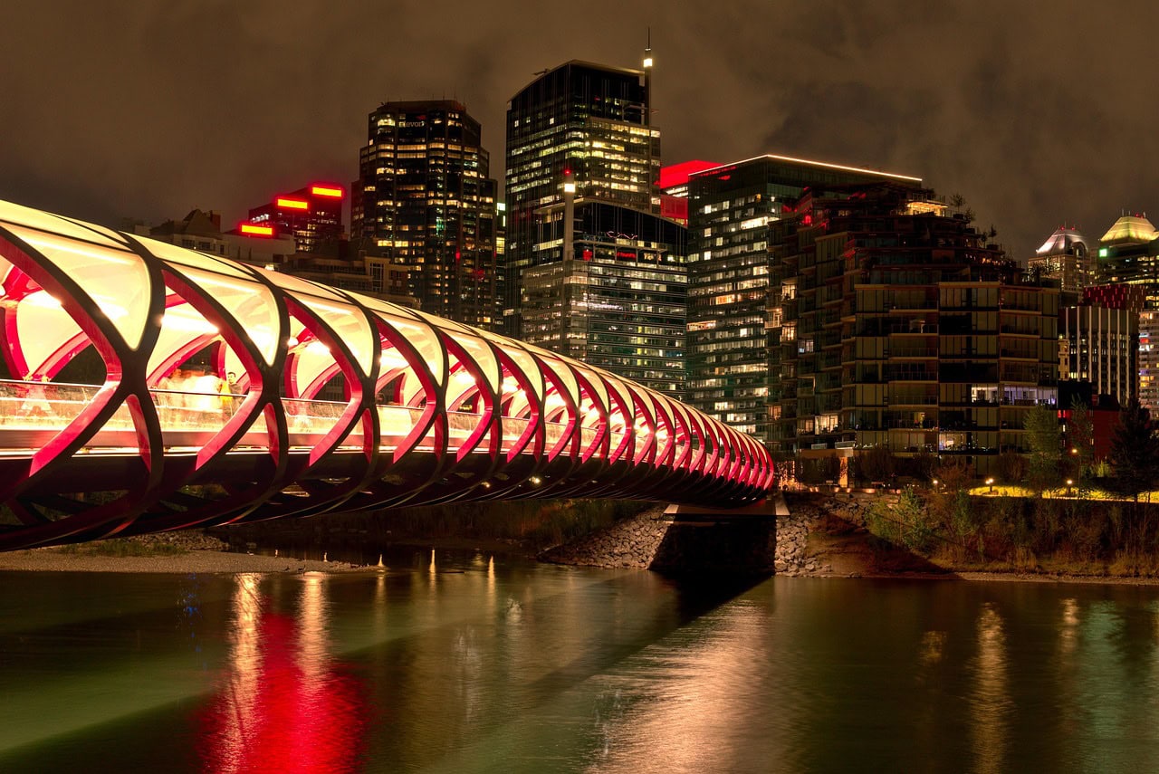 The vibrant red Peace Bridge, one of Calgary’s most famous architectural landmarks.