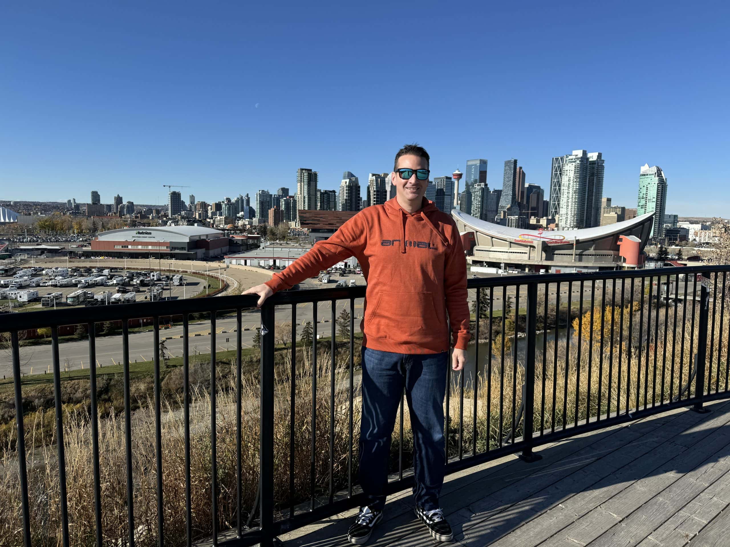 Gorgeous sunset view of Calgary’s downtown skyline from Scotsman’s Hill.