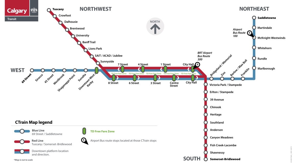 Official Calgary CTrain route map showing the Red and Blue LRT lines across the city.