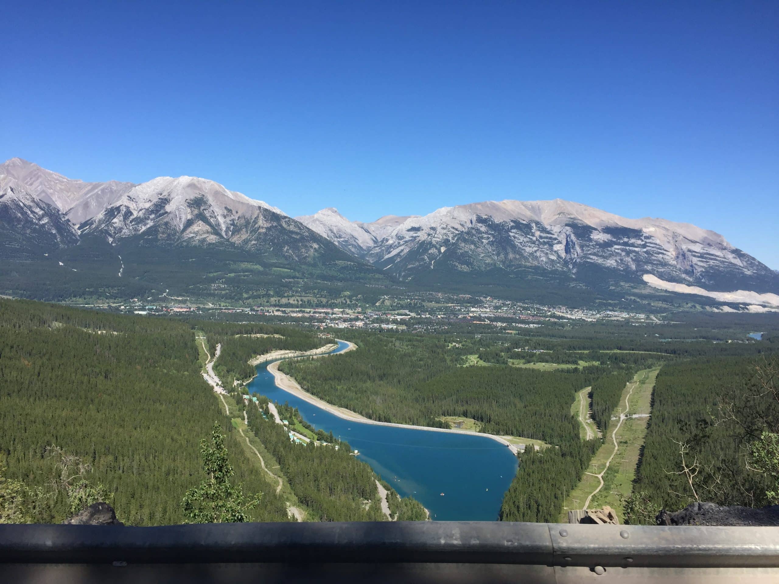 Beautiful river and mountain scenery near Canmore Alberta on a clear day.