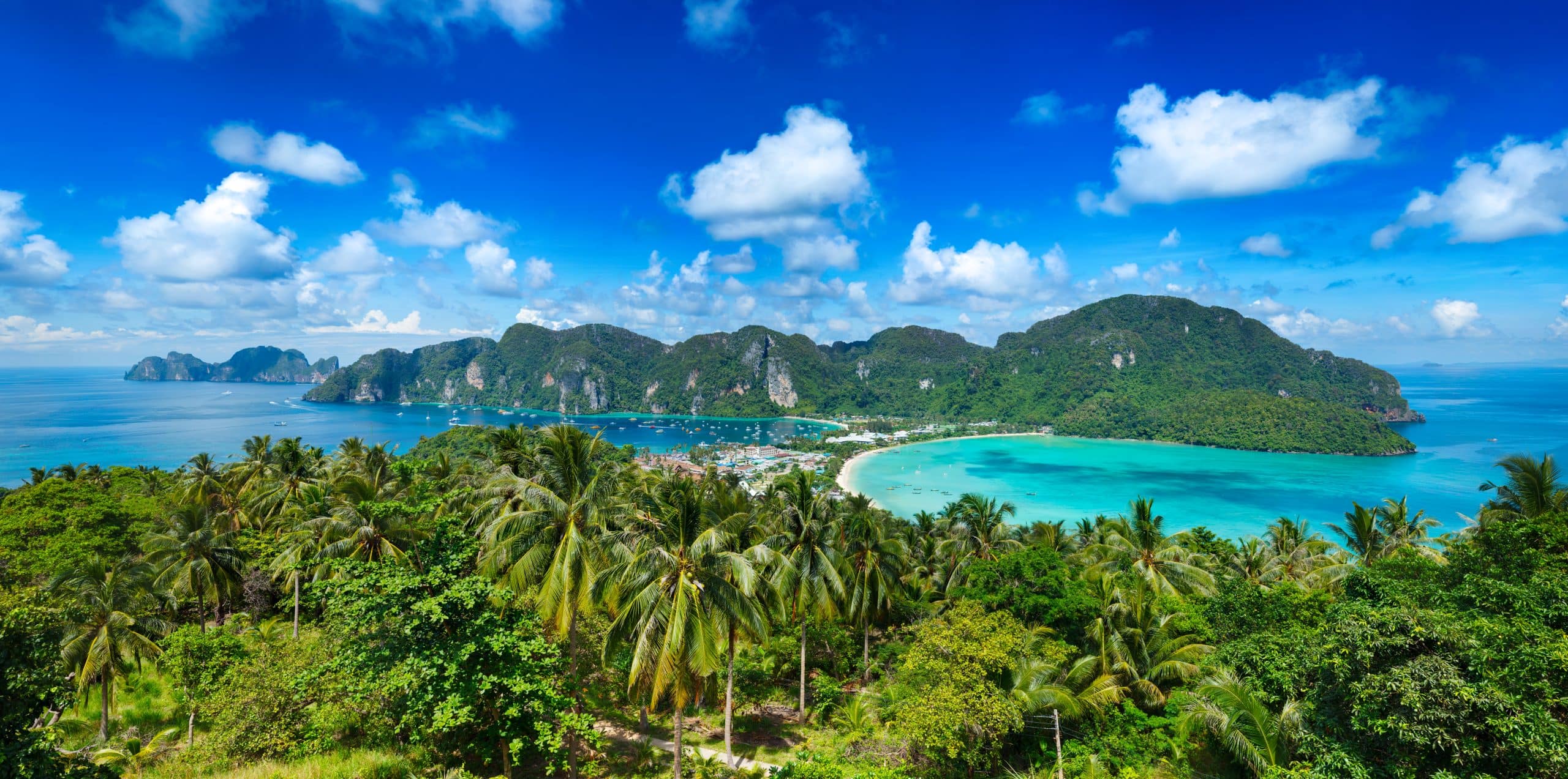 Stunning aerial view of Koh Phi Phi with palm trees and turquoise waters in Thailand.