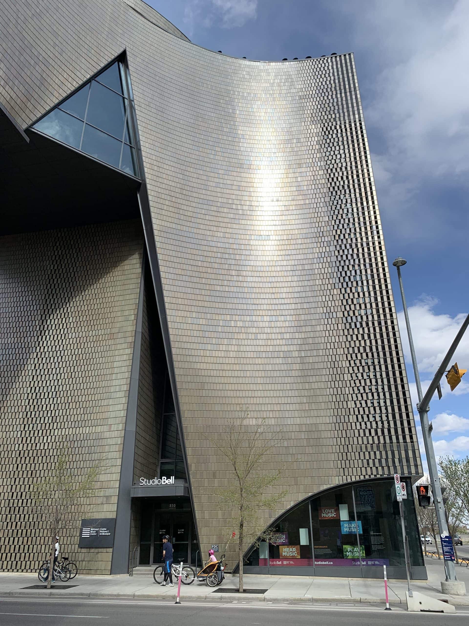 Exterior shot of Studio Bell, home of the National Music Centre, with modern architectural lines.
