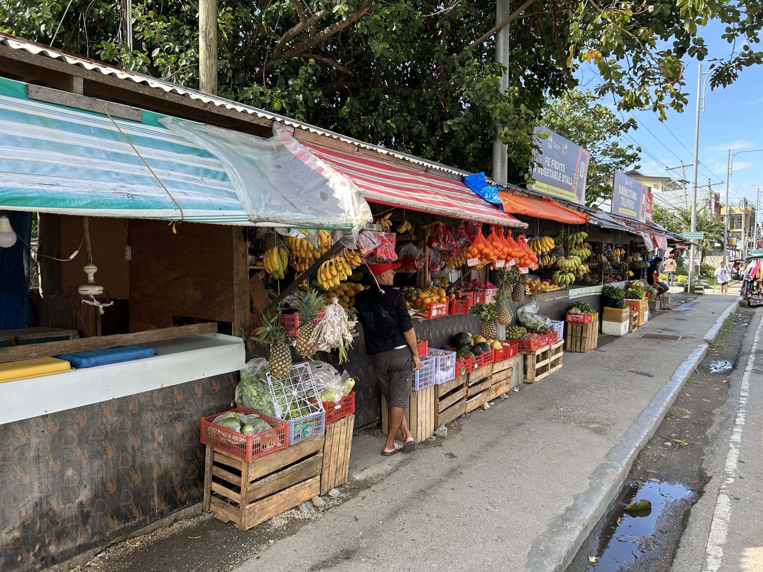 local fruit and vegetable market along the roadside in Puerto Galera town with fresh produce and hanging bananas under colourful tarps