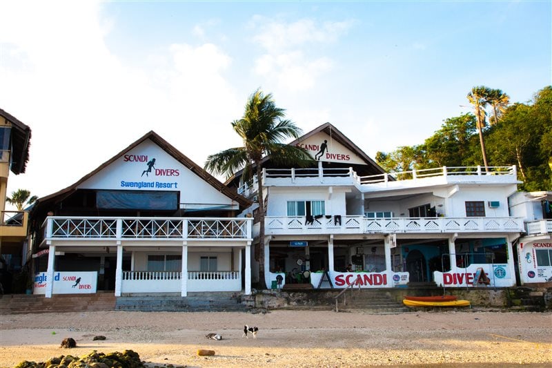 Scandi Divers Resort beachfront property in Big La Laguna, Puerto Galera with white buildings, palm trees, dive shop signage, and calm tropical surroundings