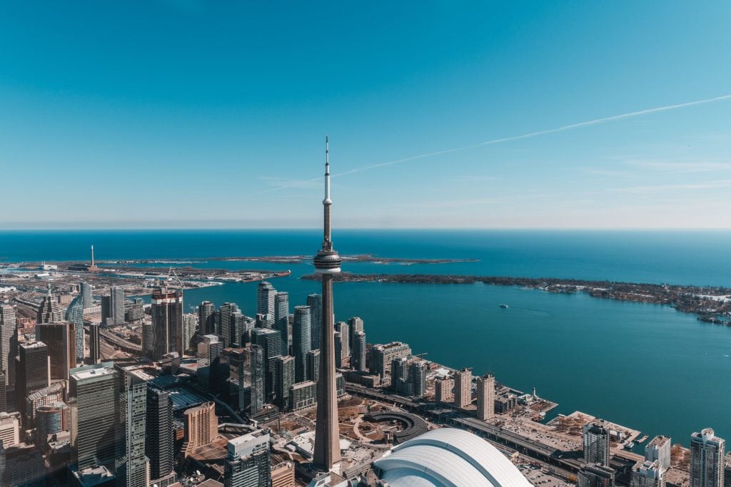 An aerial view of Toronto skyline in Ontario, Canada captured in winter