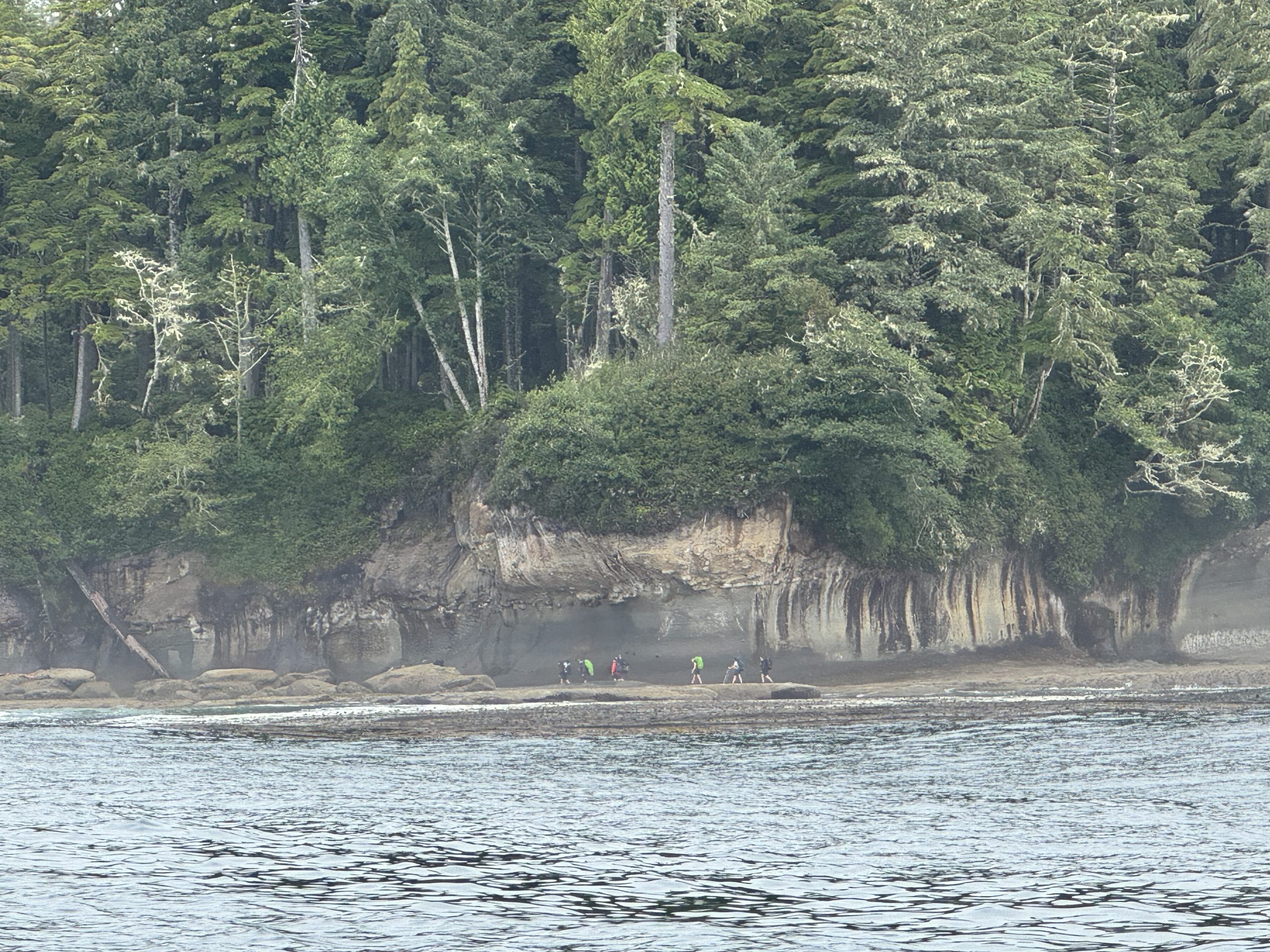 Hikers explore the rugged shoreline of West Coast Trail in Port Renfrew, BC, with wave-carved cliffs and lush coastal forest rising above the tide.