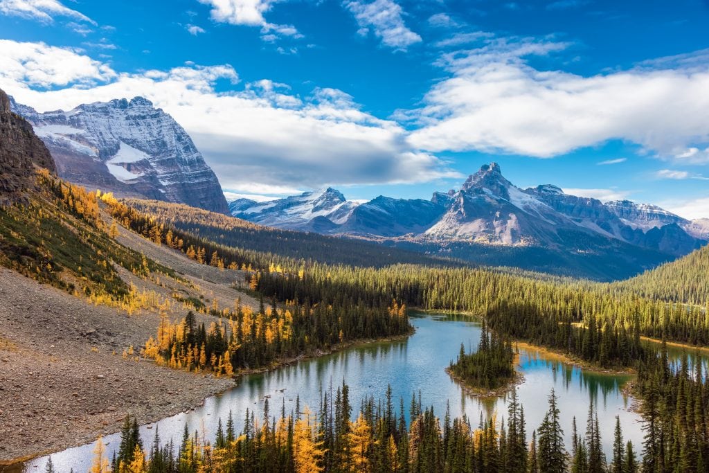 Scenic View of Glacier Lake with Canadian Rocky Mountains in Background. Sunny Fall Day. Located in Lake O'Hara, Yoho National Park, British Columbia, Canada.