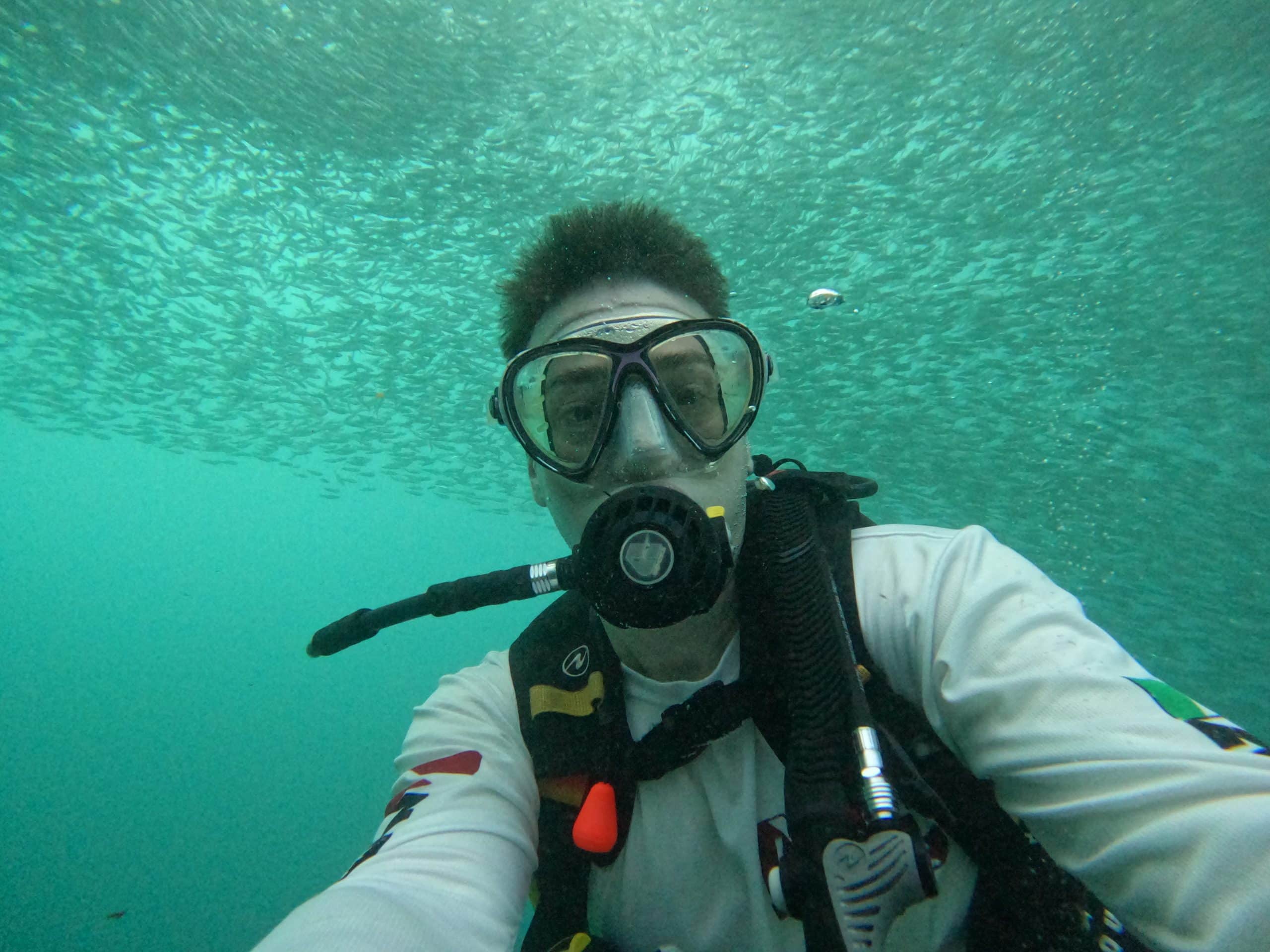 A scuba diver floats calmly among a massive school of sardines in Moalboal, Cebu, surrounded by thousands of shimmering fish in clear tropical water.