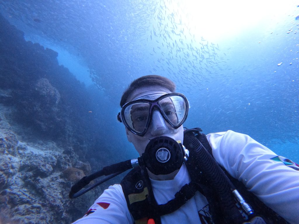 A scuba diver explores the famous sardine run in Moalboal, Cebu, surrounded by thousands of shimmering fish near the reef wall in clear blue tropical waters.