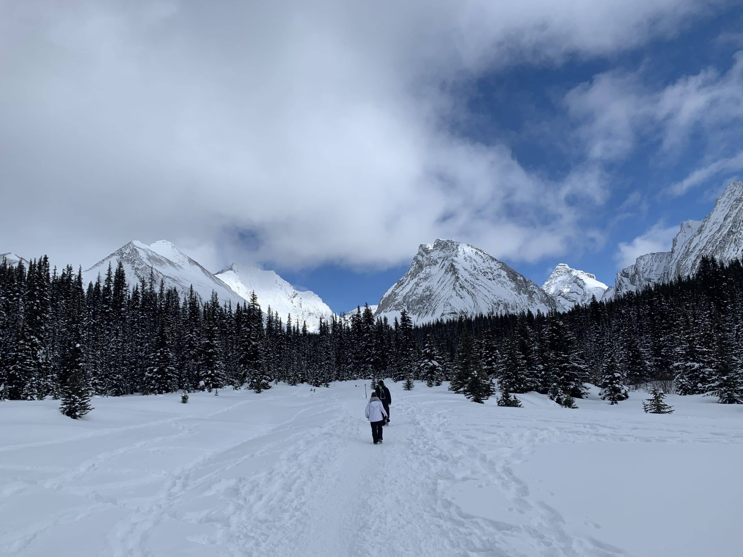A hiker makes their way through fresh snow surrounded by towering peaks and dense evergreens, capturing the beauty of winter hiking in Kananaskis Country.