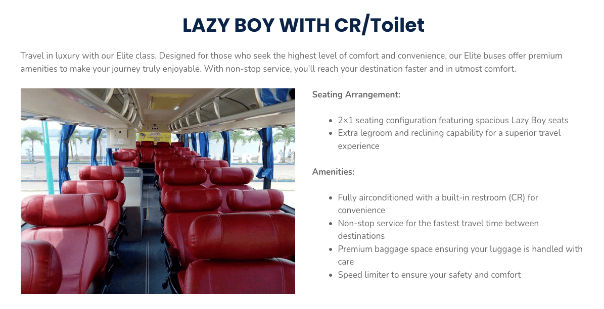 Interior of Cherry Bus Lazy Boy elite coach in Palawan featuring wide reclining red leather seats in a 2 by 1 layout, spacious legroom, air conditioned cabin, and onboard restroom designed for long distance travel between Puerto Princesa and El Nido.
