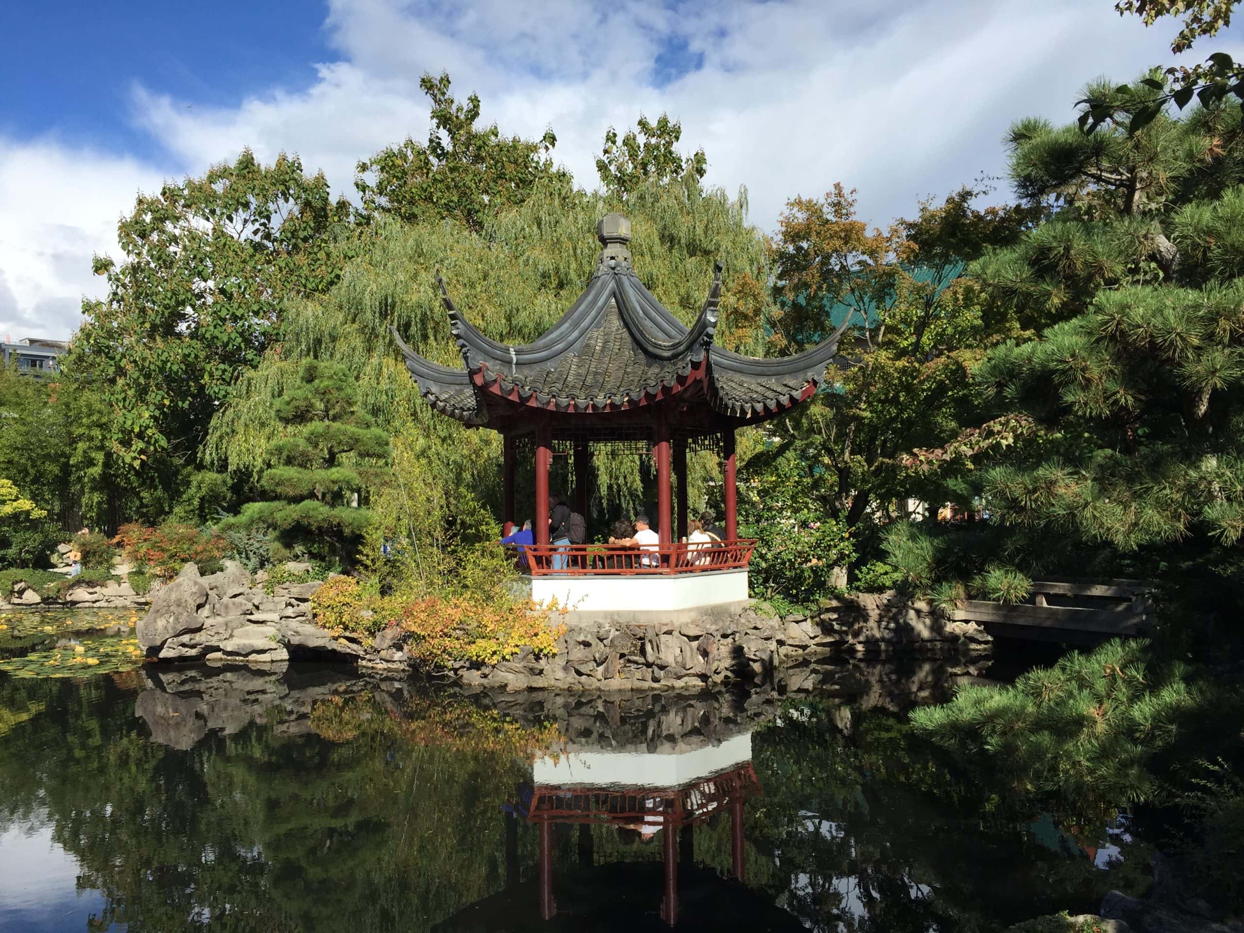 Dr. Sun Yat Sen Classical Chinese Garden pavilion surrounded by ponds, trees, and traditional Chinese landscaping in Vancouver Chinatown, British Columbia