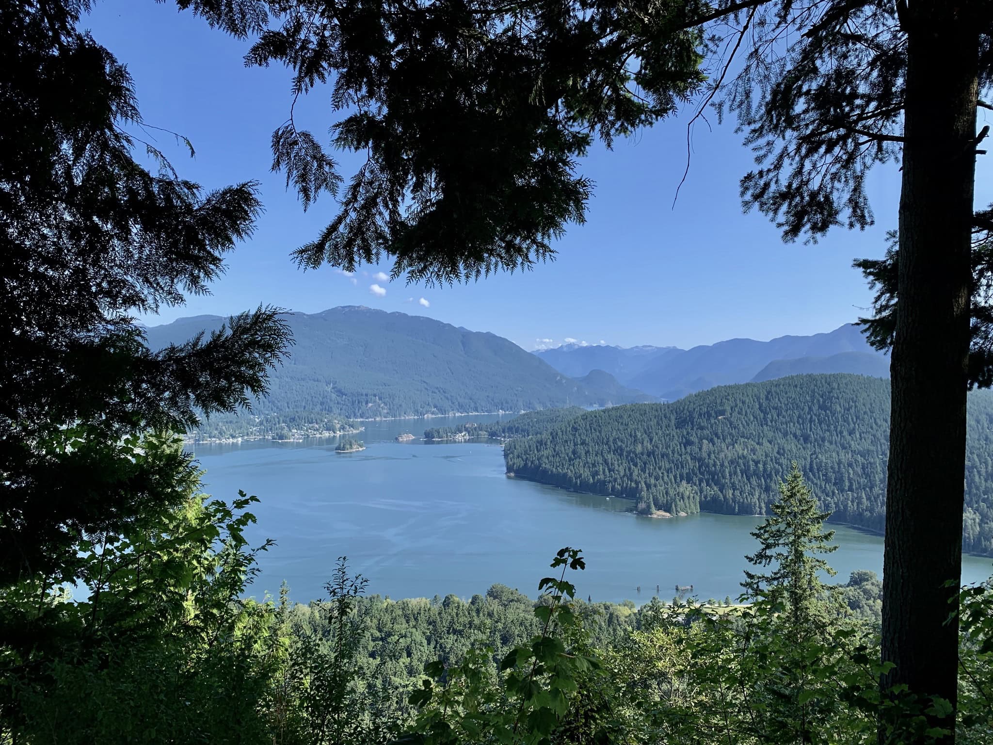 Panoramic view of Burrard Inlet and the forested mountains of Indian Arm from Burnaby Mountain near Simon Fraser University in British Columbia