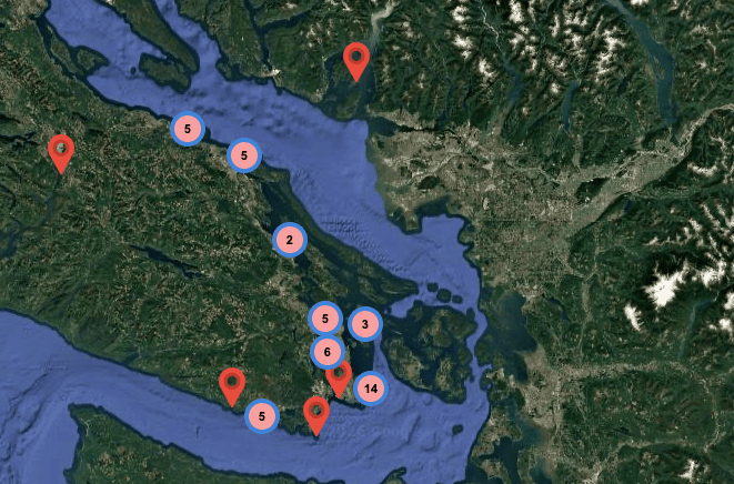 Map of top scuba diving locations around Vancouver Island and the Strait of Georgia in British Columbia, Canada