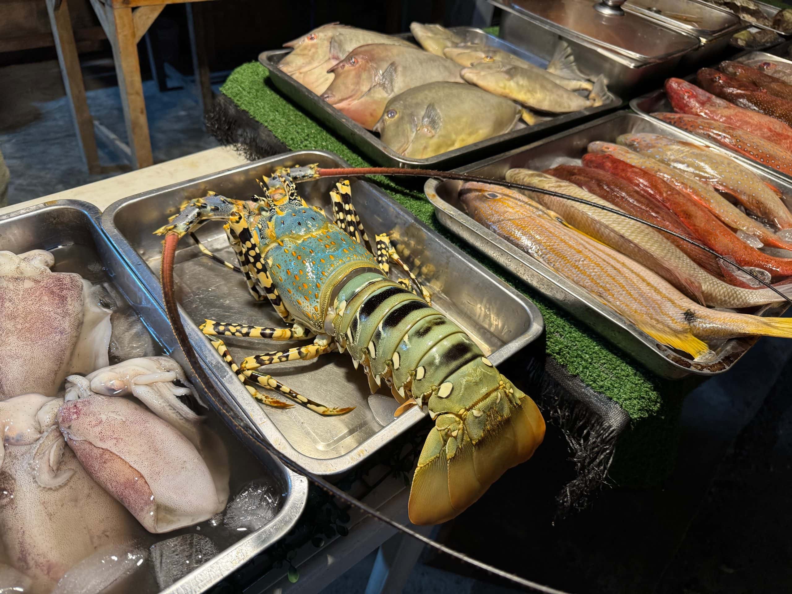 Fresh seafood display in El Nido with lobster, squid, and local fish, typical of the casual seafood stalls found around town