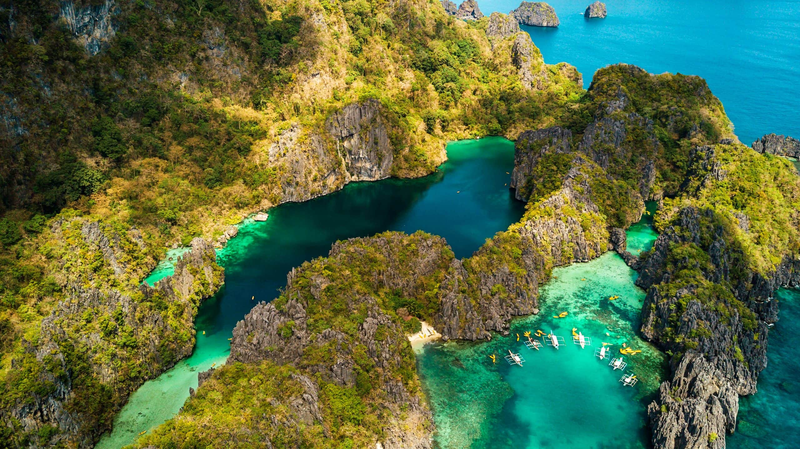 Amazing aerial view of Big Lagoon and small Lagoon in El Nido, Palawan Island, The Philippines