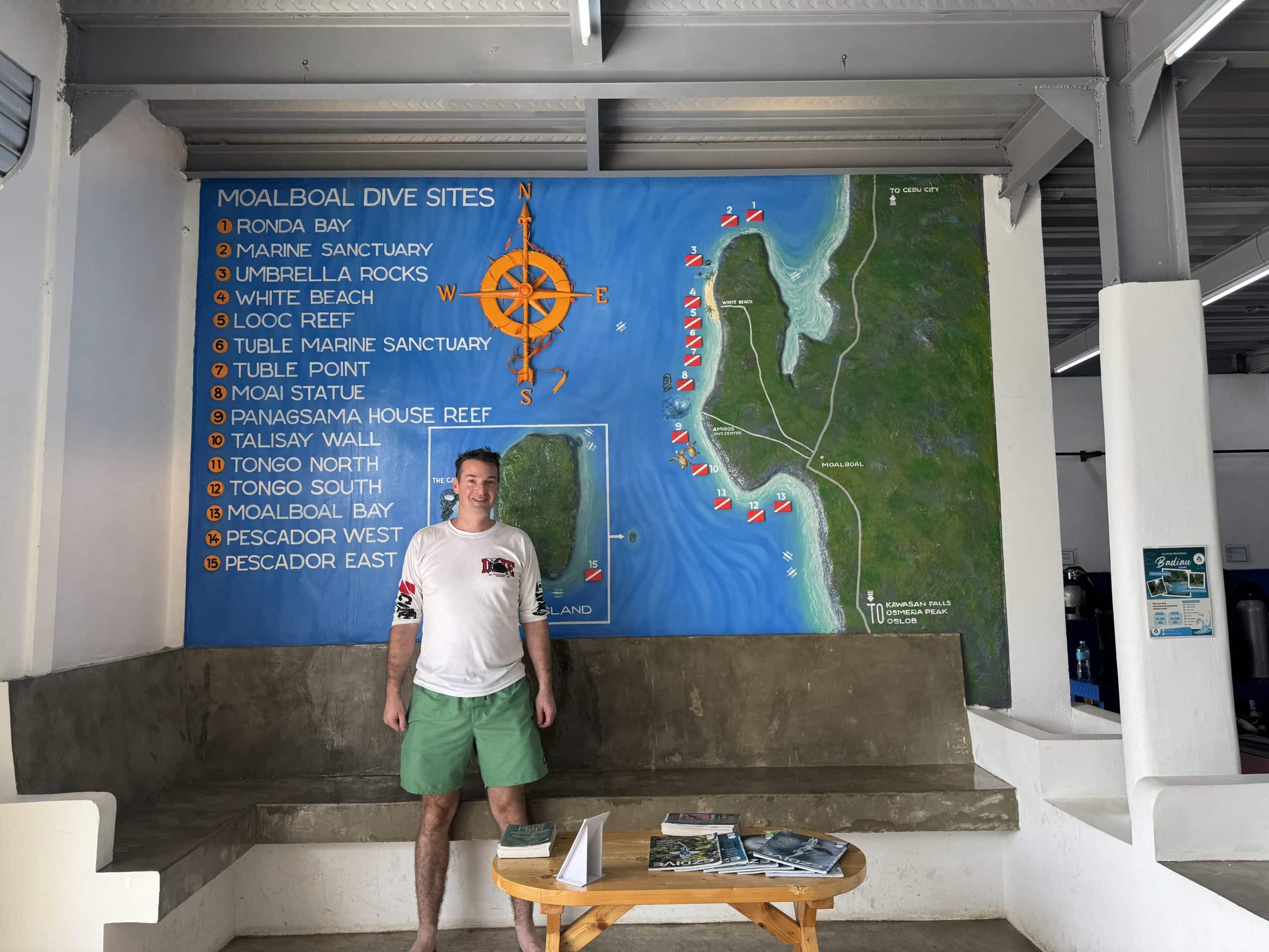 Map of dive sites around Moalboal, Cebu, Philippines, including the famous sardine run, Pescador Island, Tongo Point, and other popular scuba diving locations near Panagsama Beach.