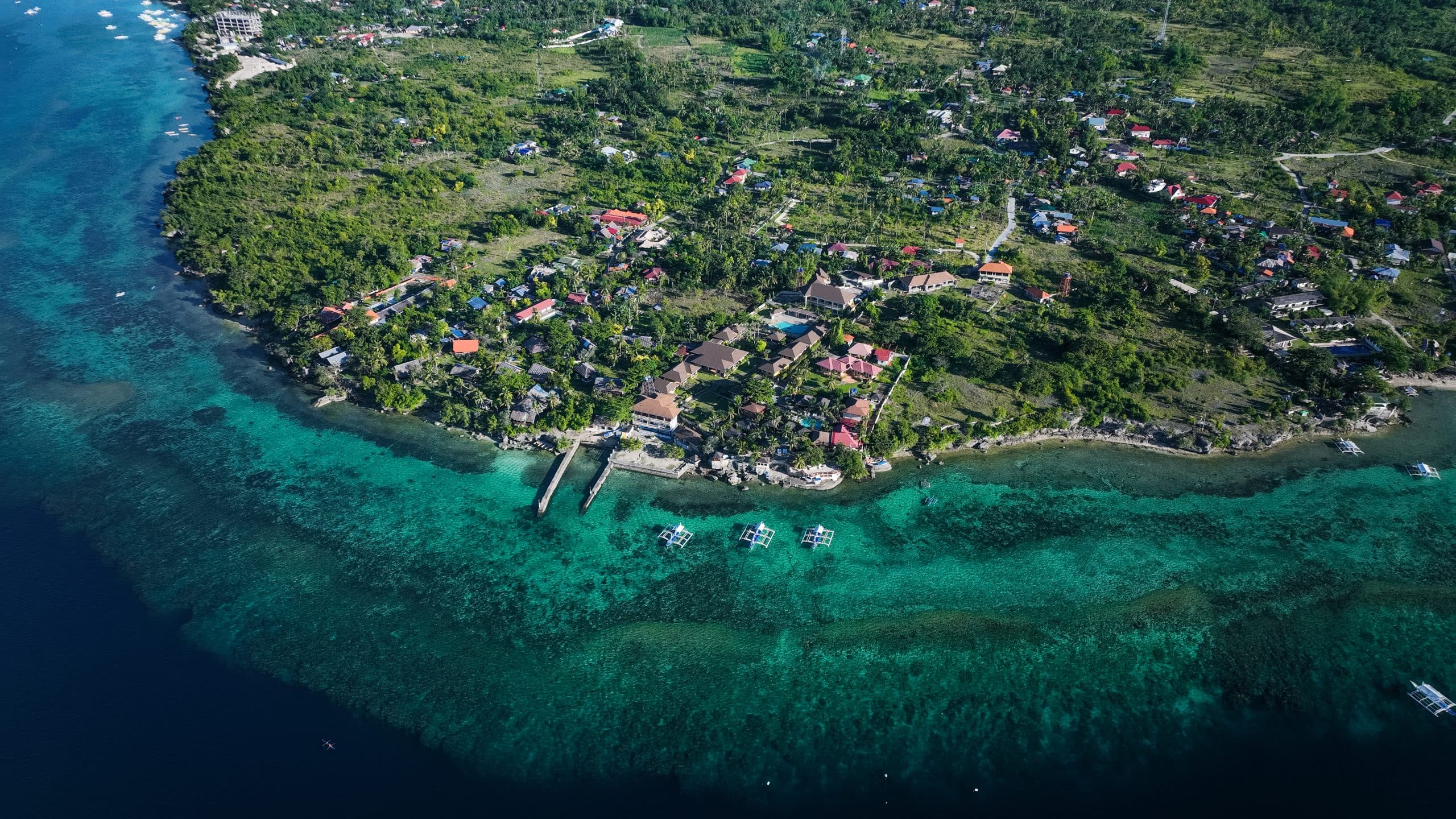 This stunning aerial view showcases a coastal community adorned with greenery and clear waters on Cebu Island under bright sunlight.