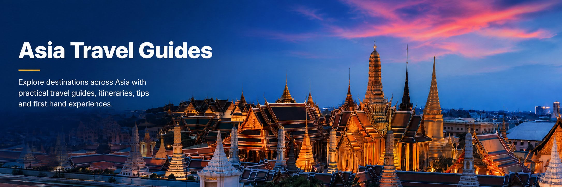 Bangkok’s Grand Palace and Wat Phra Kaew illuminated at dusk, featured as the hero image for The Global Travel Blog’s Asia travel guides.