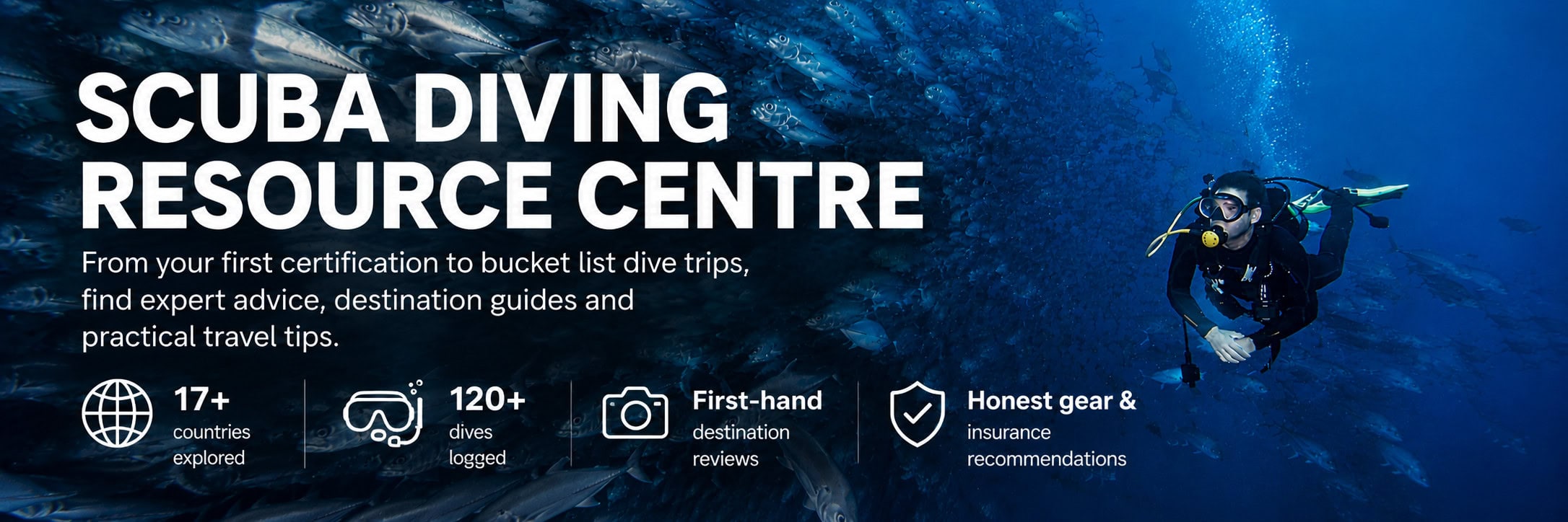 Scuba Diving Resource Centre hero image featuring a diver swimming beneath a school of fish, representing destination guides, dive travel advice, gear recommendations, and first-hand scuba diving experiences around the world.