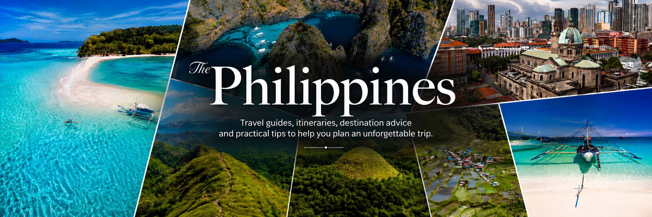 Panoramic collage showcasing the Philippines, featuring tropical beaches, limestone islands, vibrant cities, rice terraces and iconic landscapes as the hero image for this comprehensive Philippines travel guide.