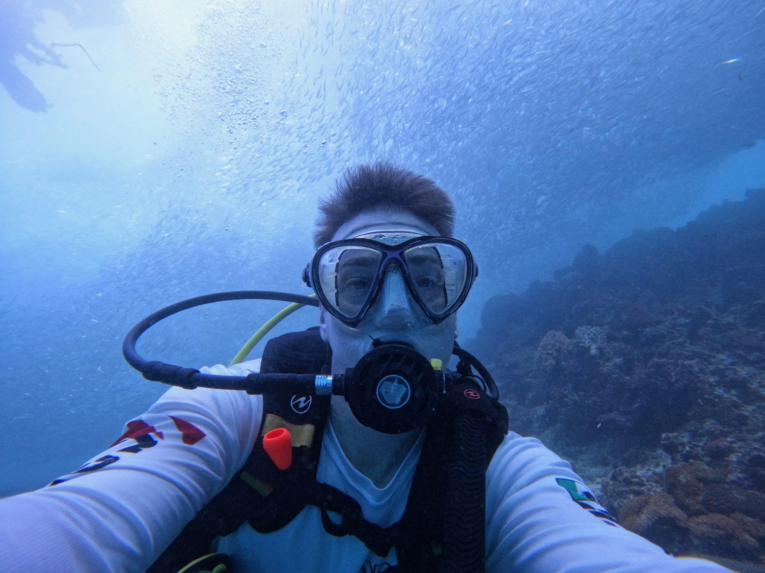 Scuba diving with the massive sardine run in Moalboal, Cebu, one of the Philippines’ most famous underwater experiences.