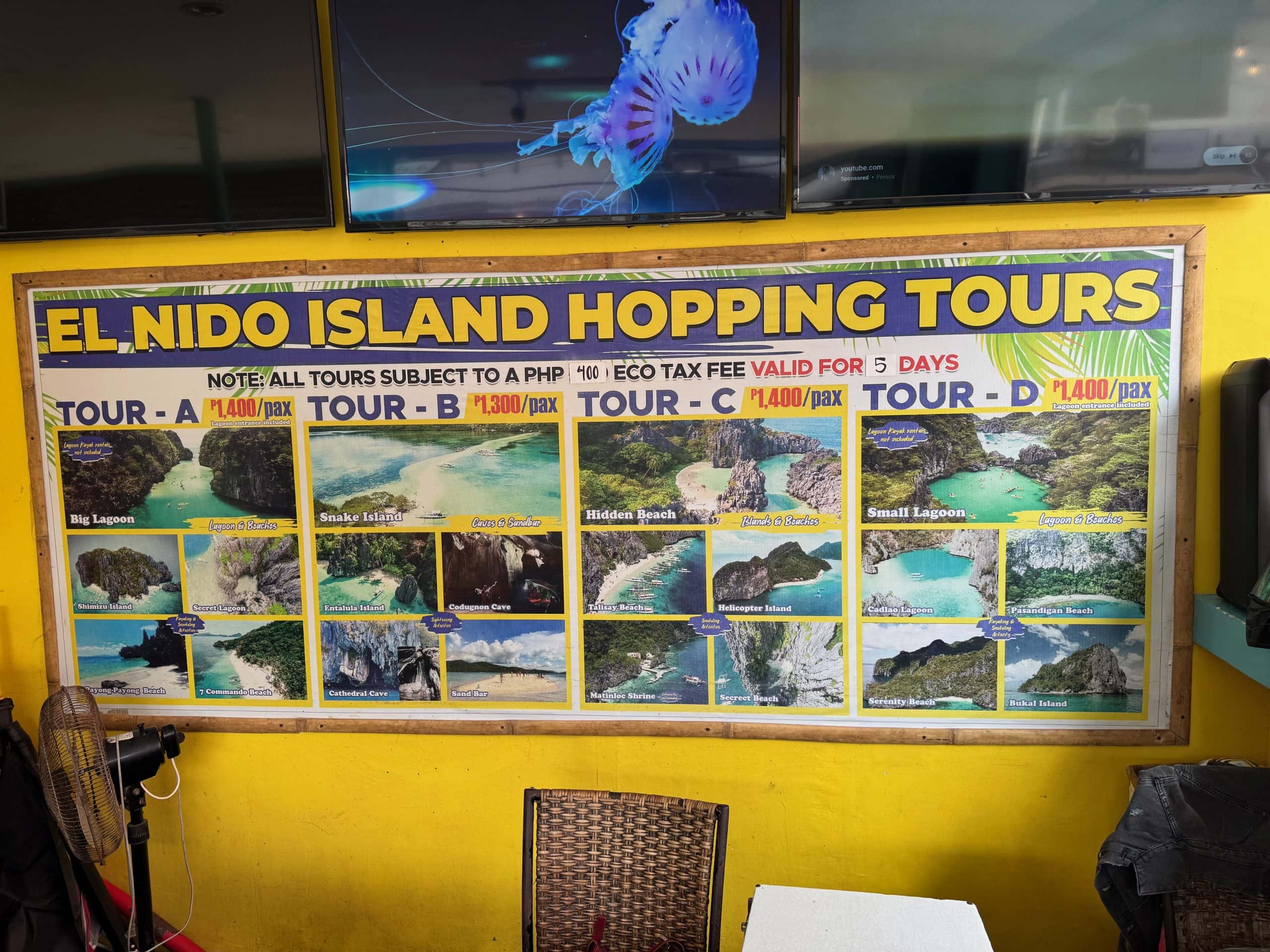 El Nido island hopping tour prices in Palawan, Philippines, showing Tours A, B, C and D starting around 1,300 to 1,400 pesos per person.
