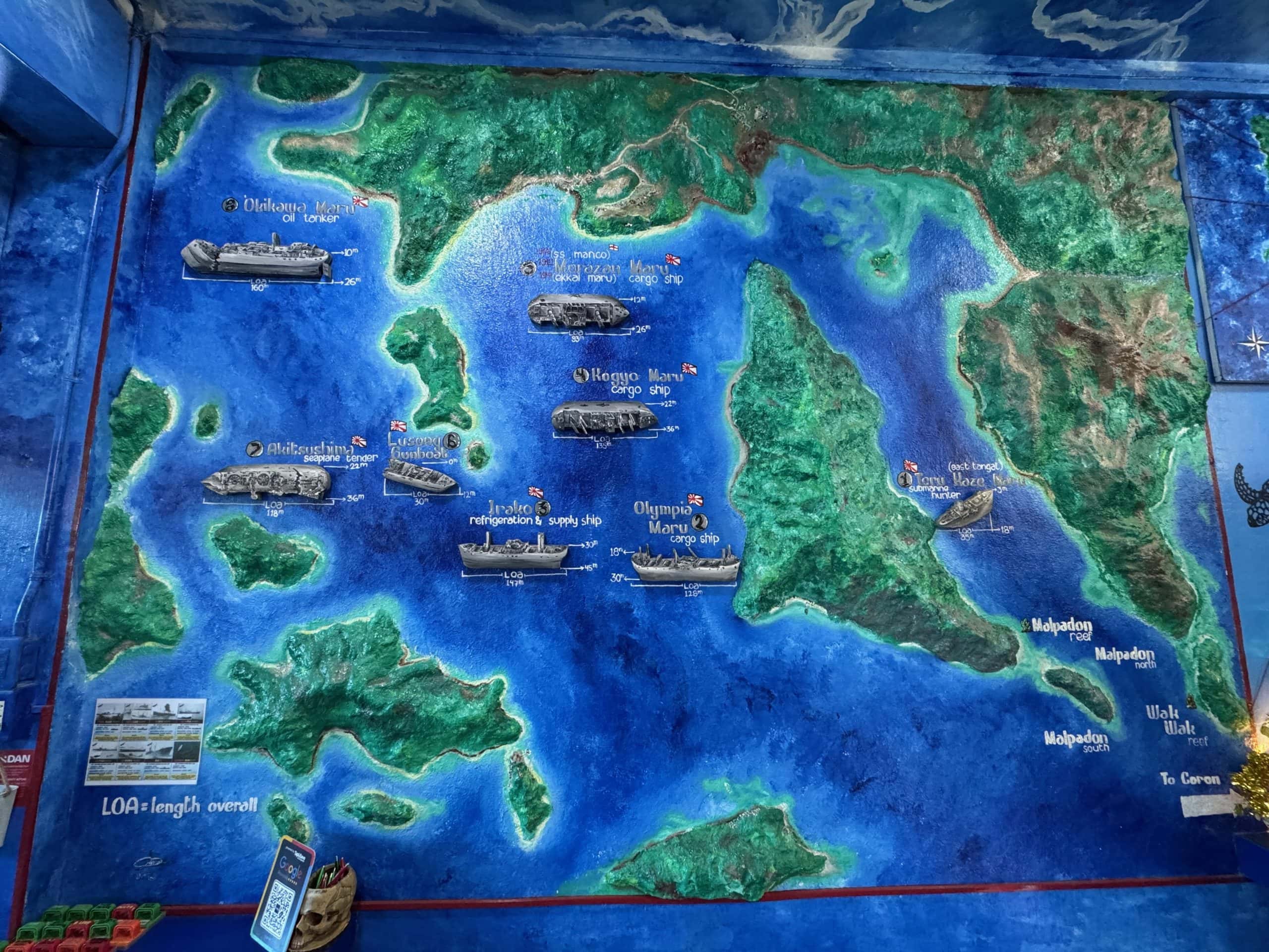 Map of the famous World War II shipwreck dive sites around Coron, Palawan, one of the Philippines’ top destinations for wreck diving.