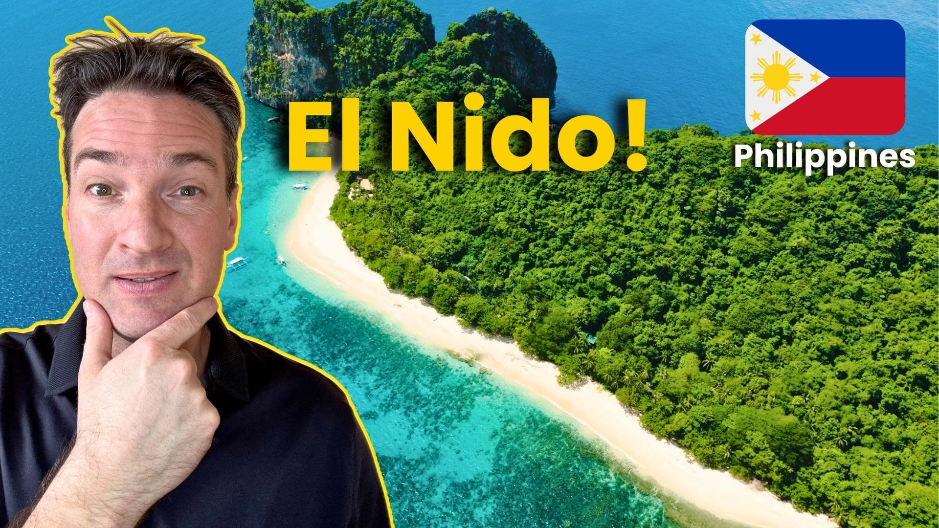 Aerial view of a tropical island surrounded by bright turquoise water near El Nido.