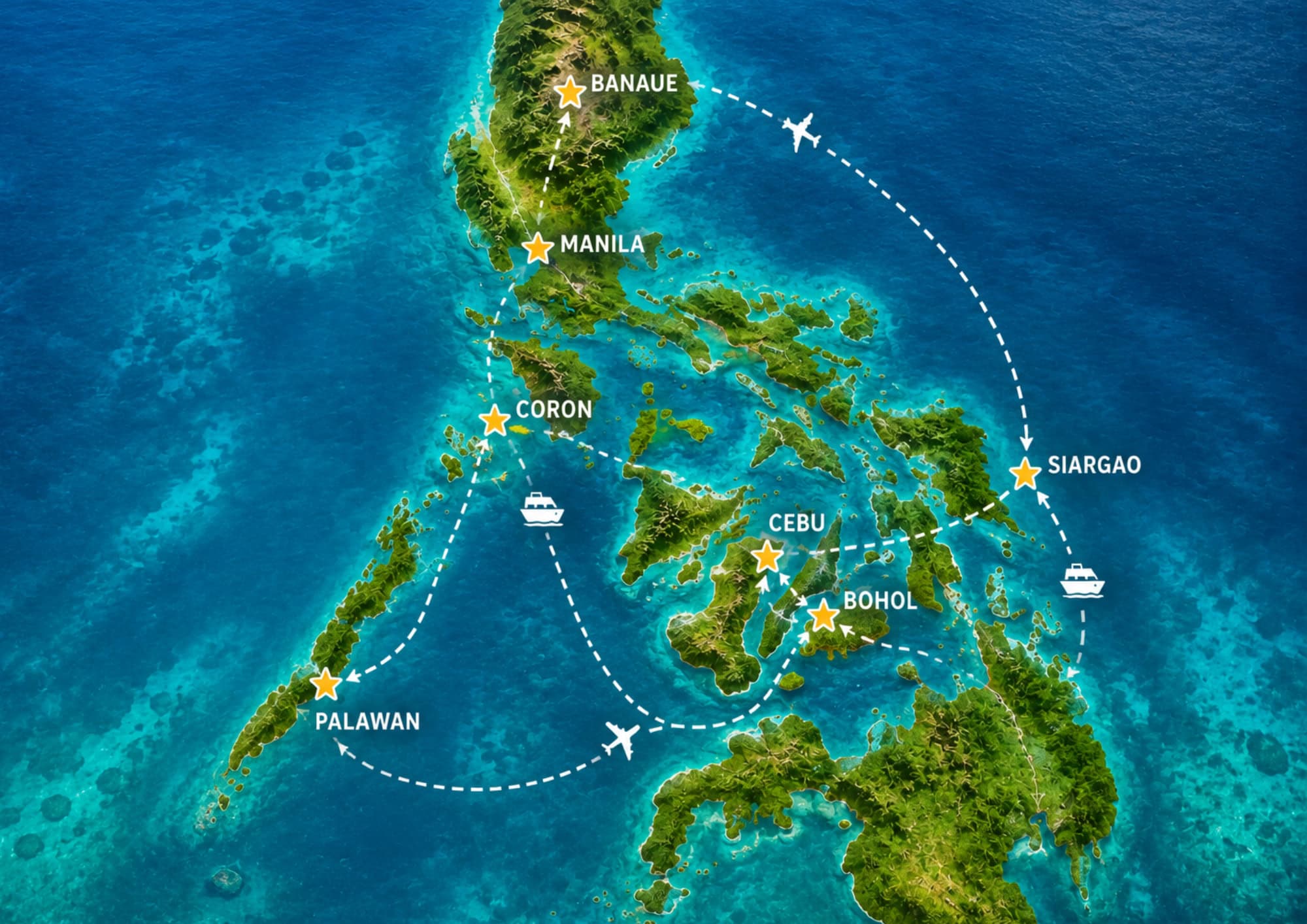 Illustrated map of the Philippines showing popular destinations and suggested travel routes across the islands.